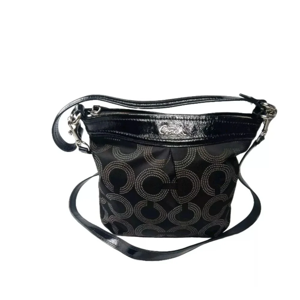 Coach Ashley Dotted Op Art Jacquard Hippie Handbag Black & Khaki F20088
